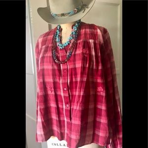 Anthropologie NWT, Forever that girl, Sz 12 wine plaid blouse embroidery flowers